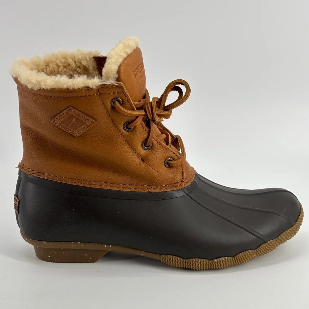Sperry Saltwater Duck Boots Womens 8.5 Brown Leather Shearling Lined STS84371